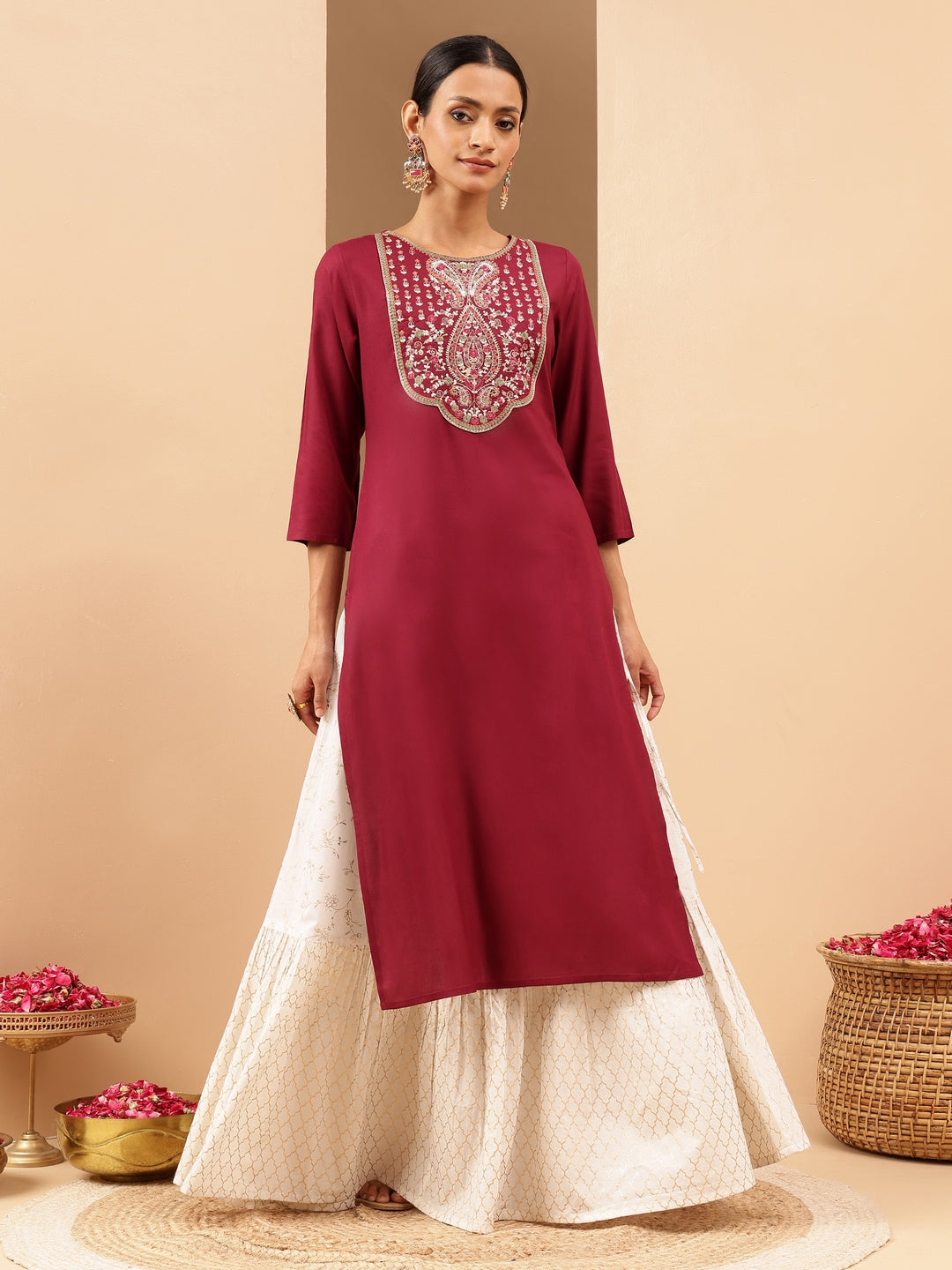 Janasya Women's Wine Royan Yoke Embroidered Straight Kurta