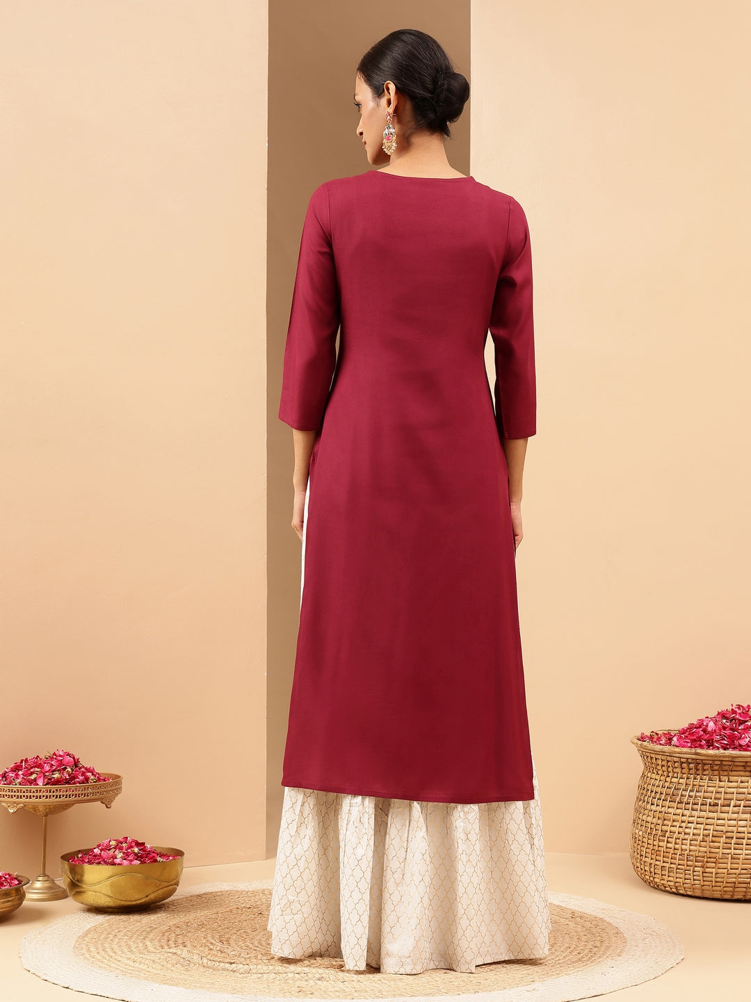 Janasya Women's Wine Royan Yoke Embroidered Straight Kurta
