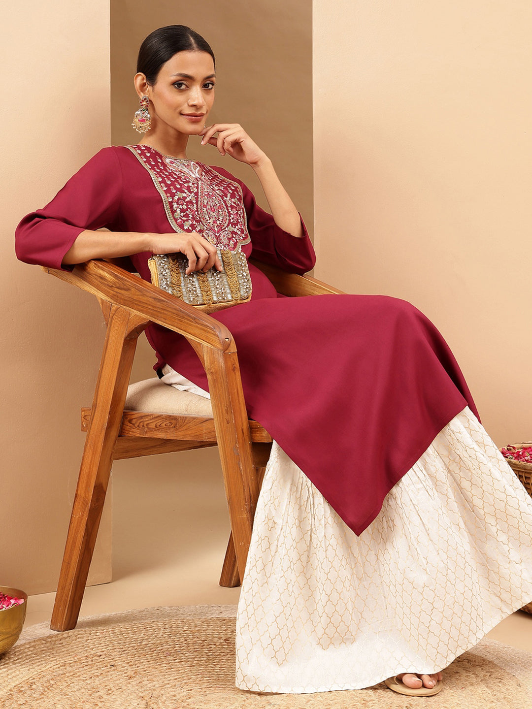 Janasya Women's Wine Royan Yoke Embroidered Straight Kurta
