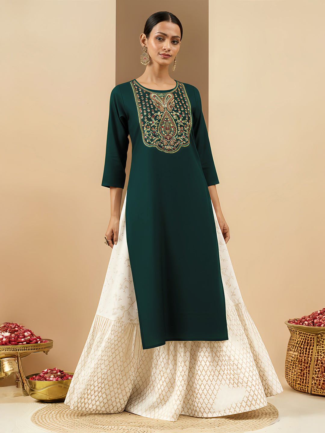 Janasya Women's Teal Green Rayon Yoke Embroidered Straight Kurta