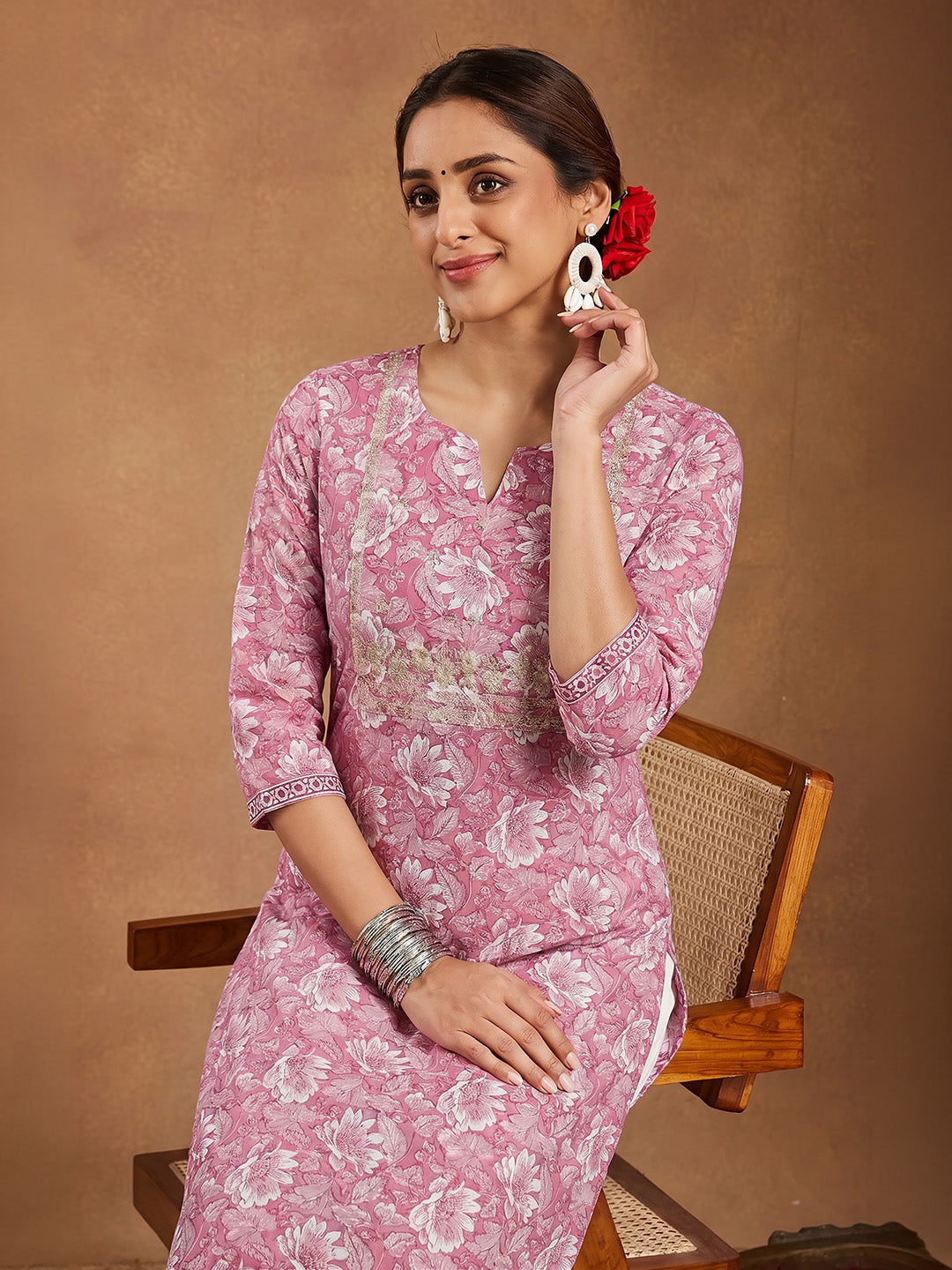 Janasya Women's Pink Pure Cotton Yoke Embroidered Floral Printed Straight Kurta