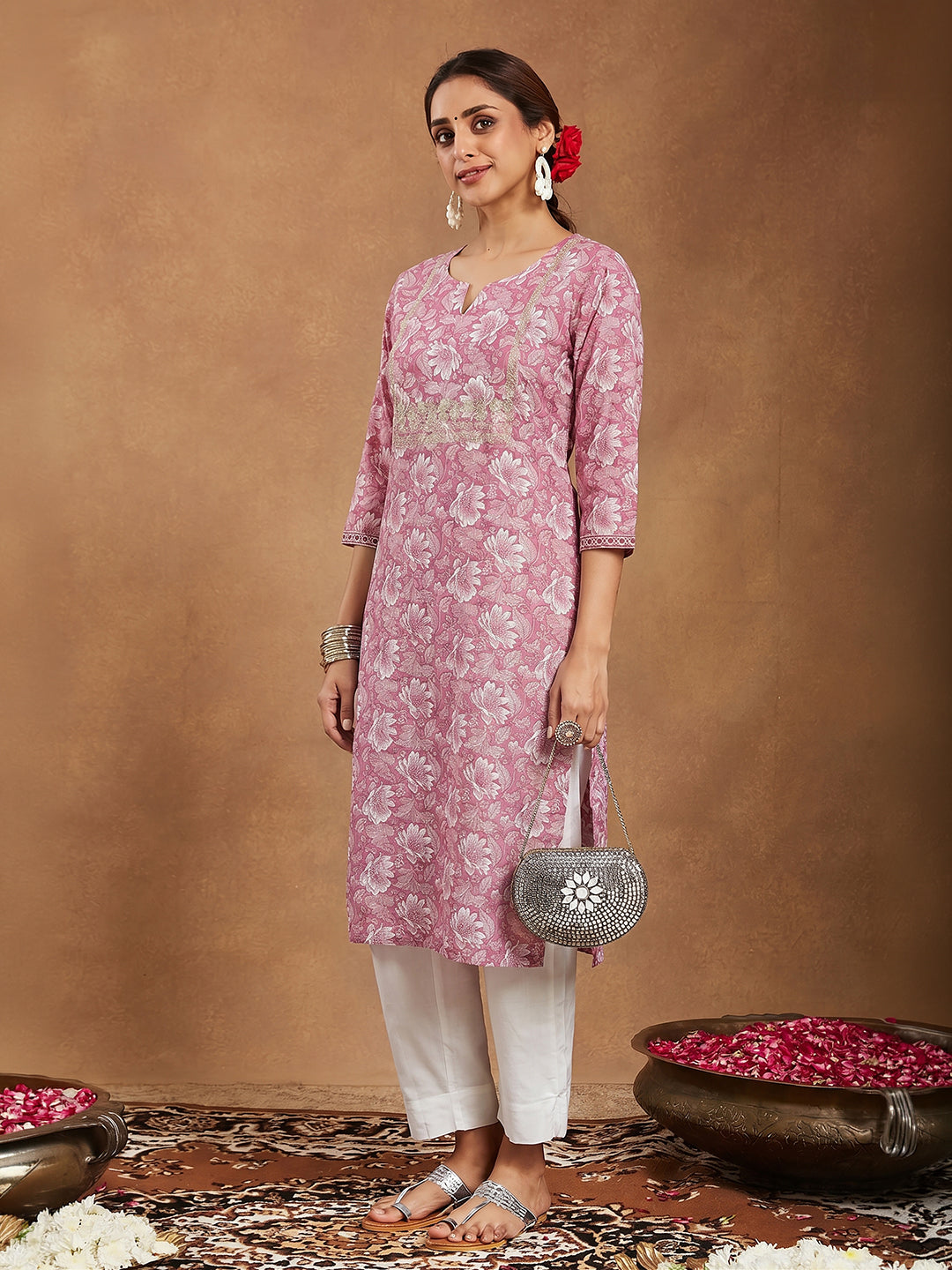 Janasya Women's Pink Pure Cotton Yoke Embroidered Floral Printed Straight Kurta