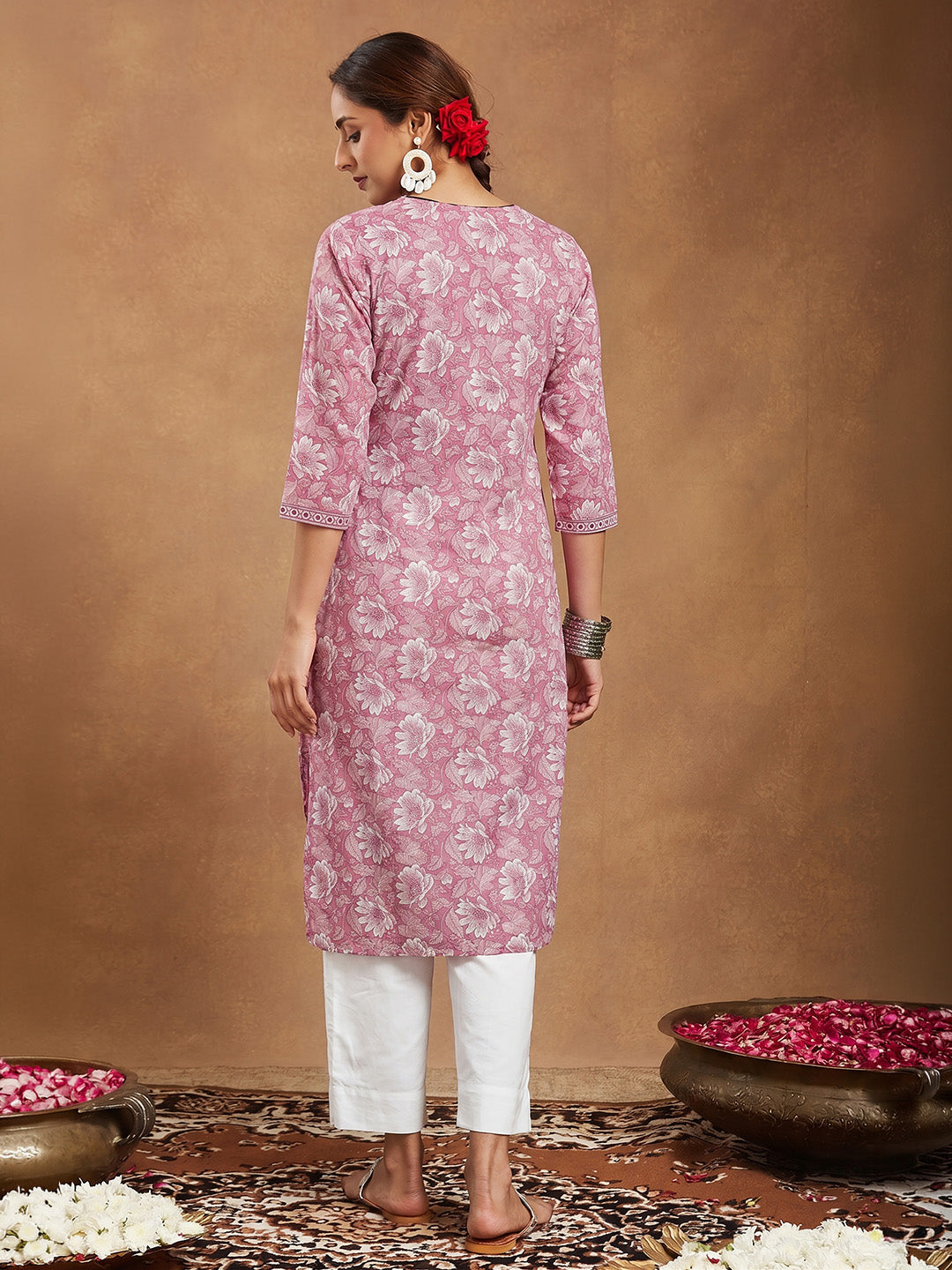 Janasya Women's Pink Pure Cotton Yoke Embroidered Floral Printed Straight Kurta