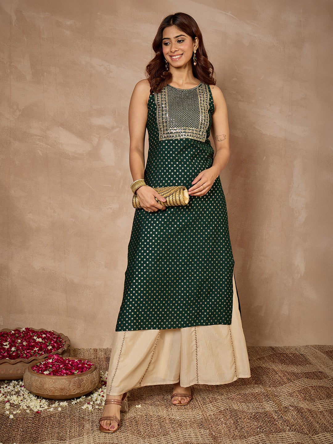 Janasya Women's Dark Green Silk Blend Zari Yoke Embroidered Gold Printed Straight Kurta