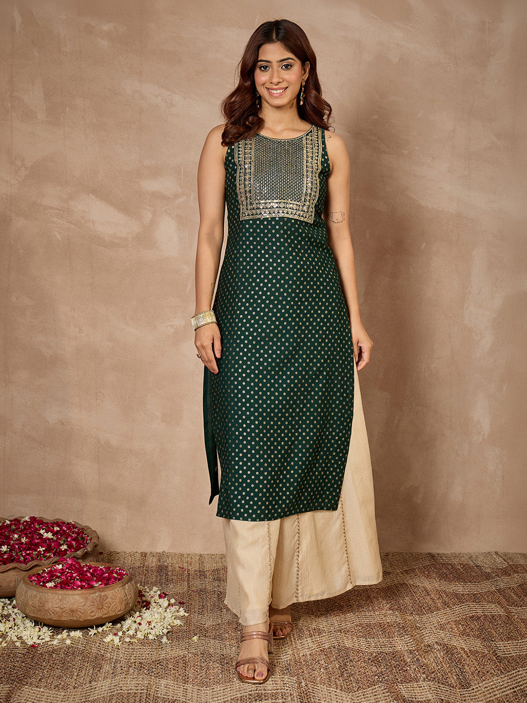 Janasya Women's Dark Green Silk Blend Zari Yoke Embroidered Gold Printed Straight Kurta