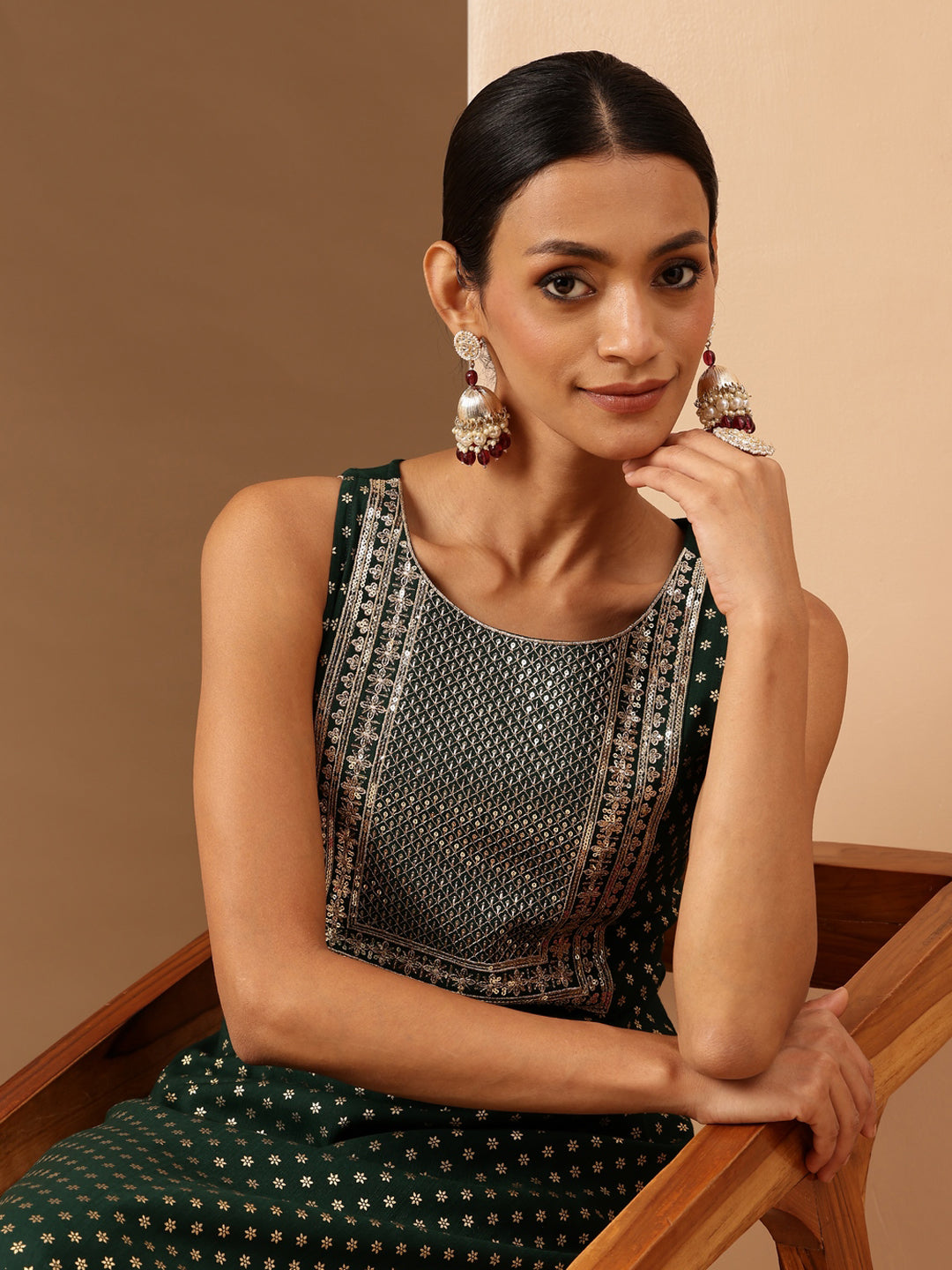 Janasya Women's Dark Green Silk Blend Zari Yoke Embroidered Gold Printed Straight Kurta