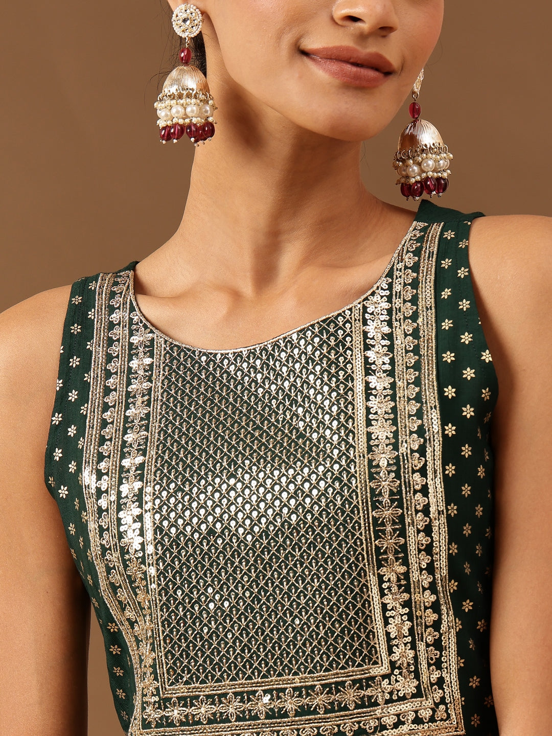 Janasya Women's Dark Green Silk Blend Zari Yoke Embroidered Gold Printed Straight Kurta