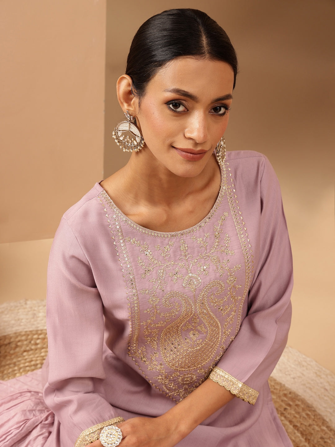 Janasya Women's Lavender Silk Blend Yoke Embroidered Straight Kurta
