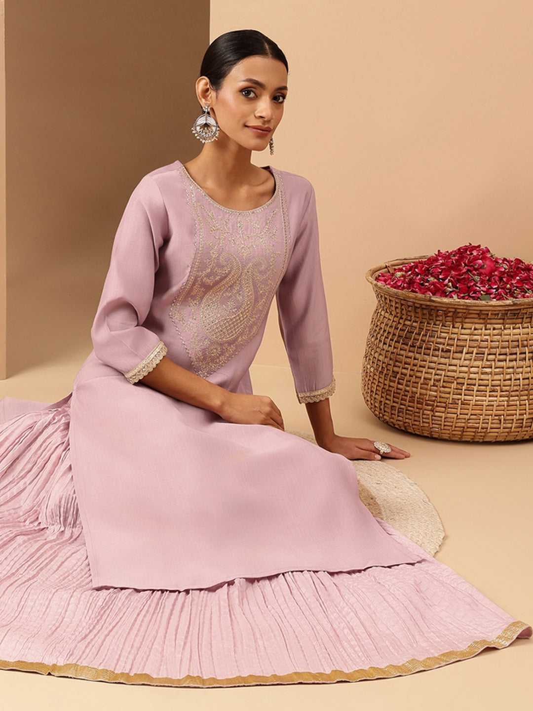 Janasya Women's Lavender Silk Blend Yoke Embroidered Straight Kurta