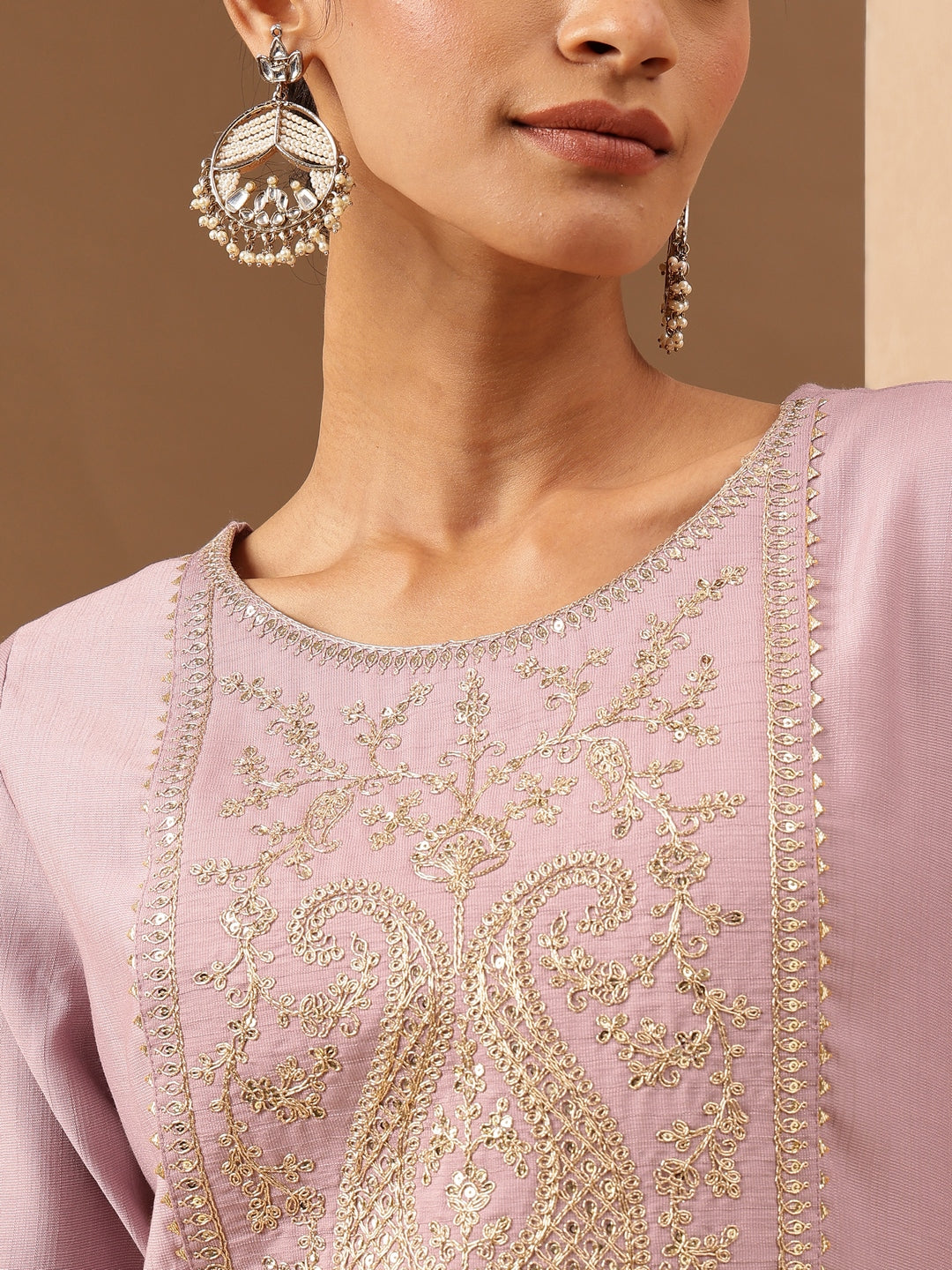 Janasya Women's Lavender Silk Blend Yoke Embroidered Straight Kurta