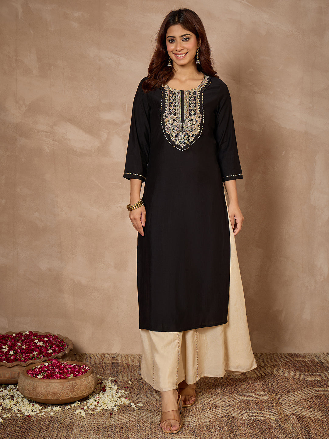 Janasya Women's Black Chanderi Silk Yoke Embroidered Straight Kurta