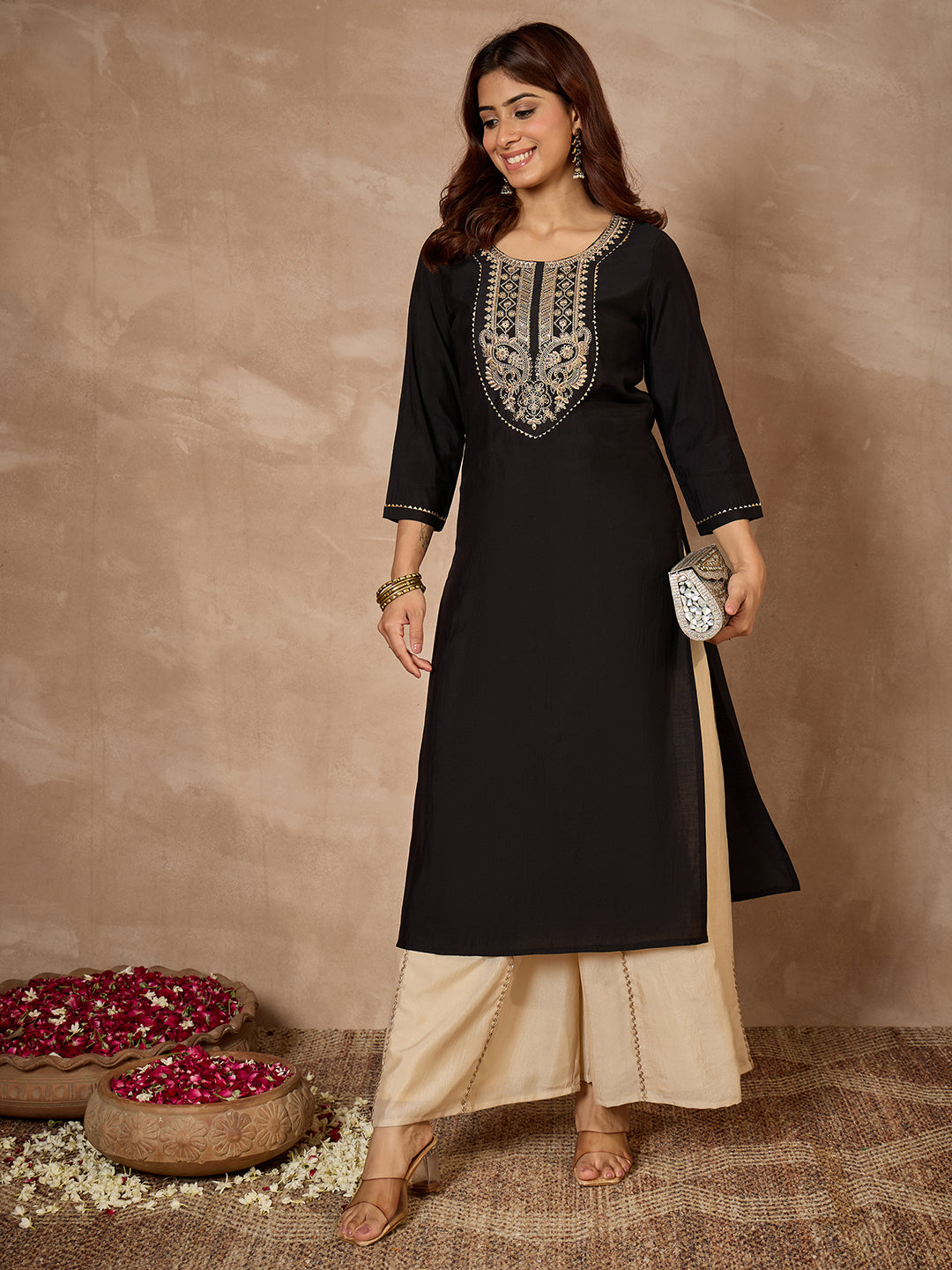 Janasya Women's Black Chanderi Silk Yoke Embroidered Straight Kurta