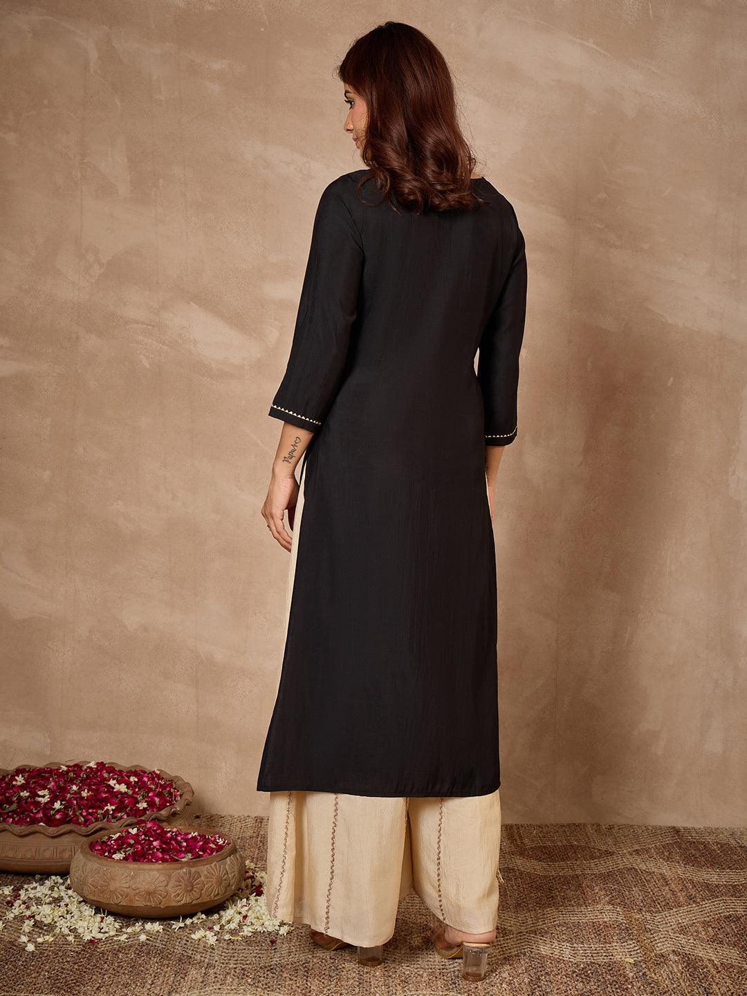Janasya Women's Black Chanderi Silk Yoke Embroidered Straight Kurta