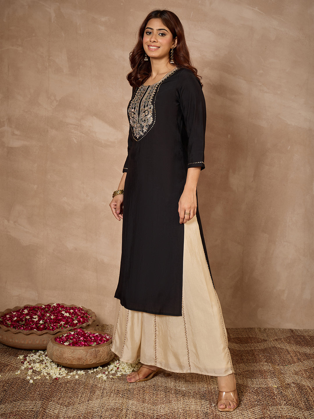 Janasya Women's Black Chanderi Silk Yoke Embroidered Straight Kurta