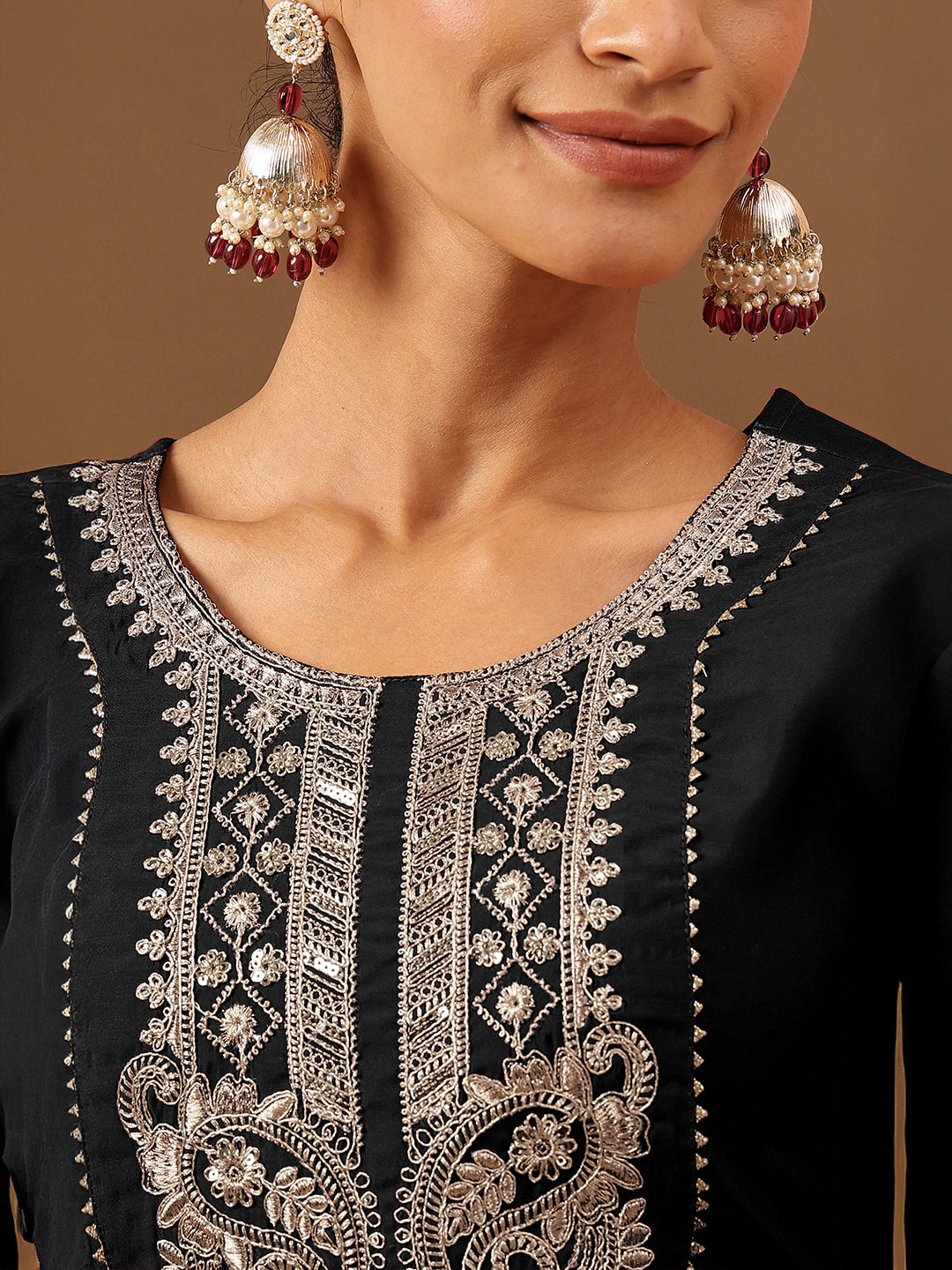 Janasya Women's Black Chanderi Silk Yoke Embroidered Straight Kurta
