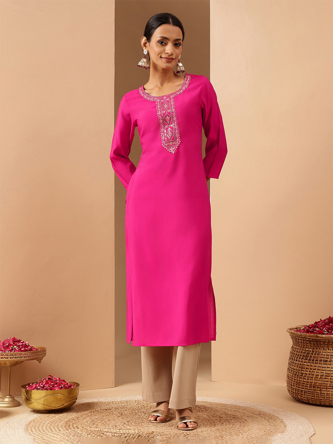 Janasya Women's Pink Chanderi Silk Yoke Embroidery Straight Kurta