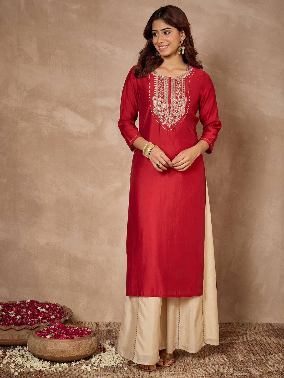 Janasya Women's Maroon Chanderi Silk Yoke Embroidered Straight Kurta.