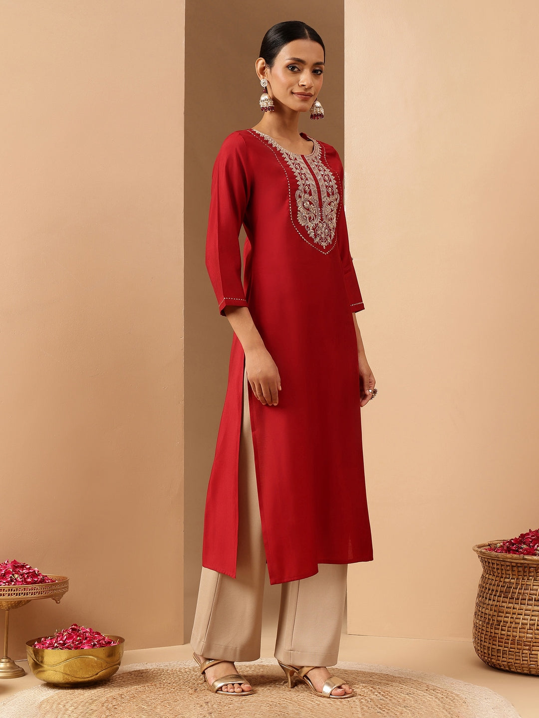 Janasya Women's Maroon Chanderi Silk Yoke Embroidered Straight Kurta.