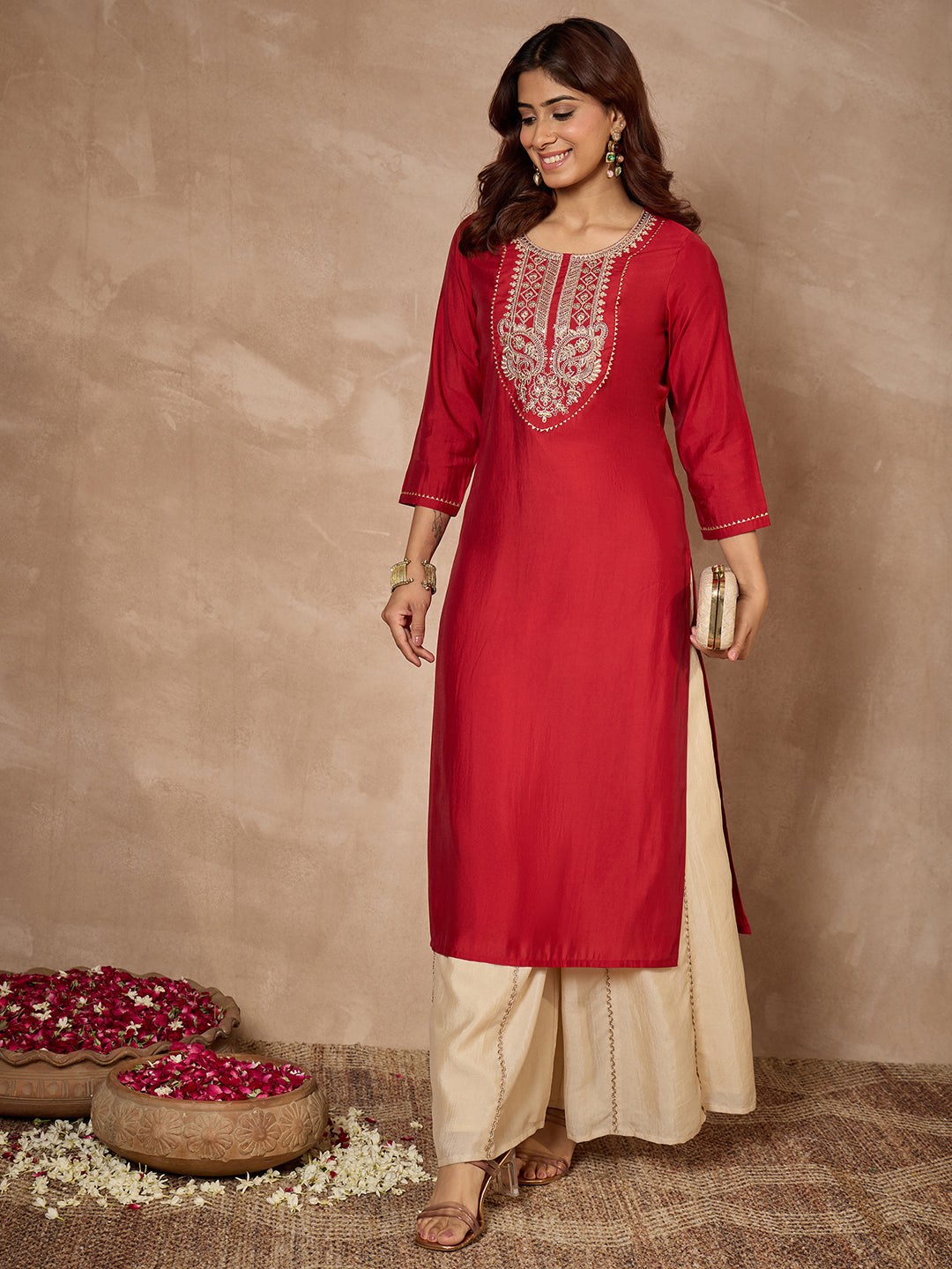 Janasya Women's Maroon Chanderi Silk Yoke Embroidered Straight Kurta.