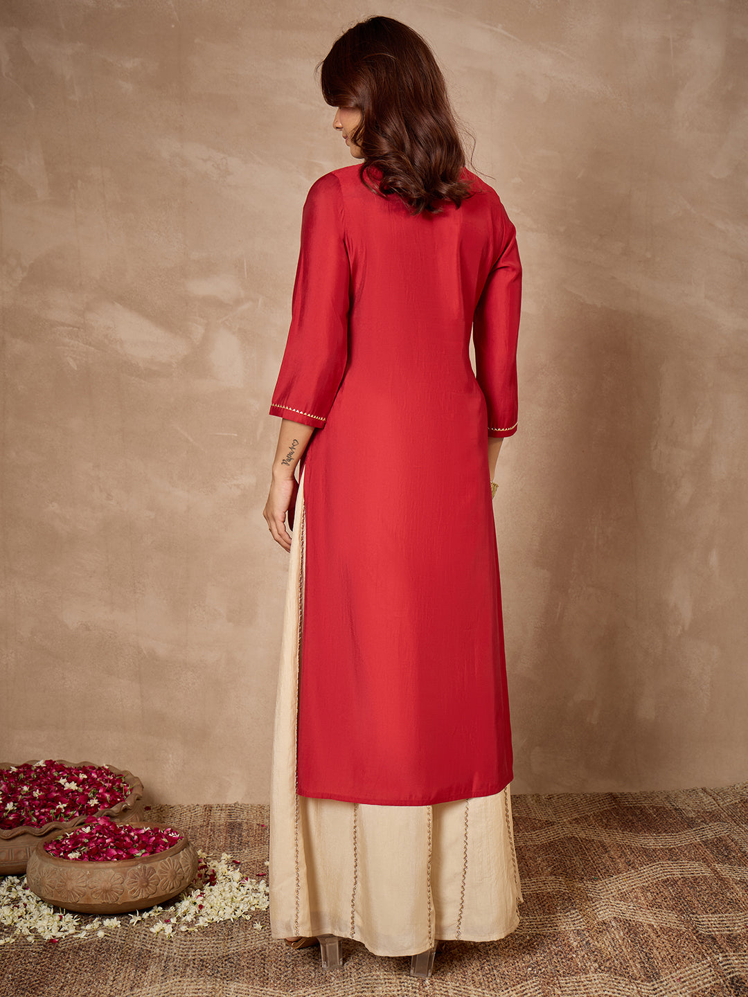 Janasya Women's Maroon Chanderi Silk Yoke Embroidered Straight Kurta.