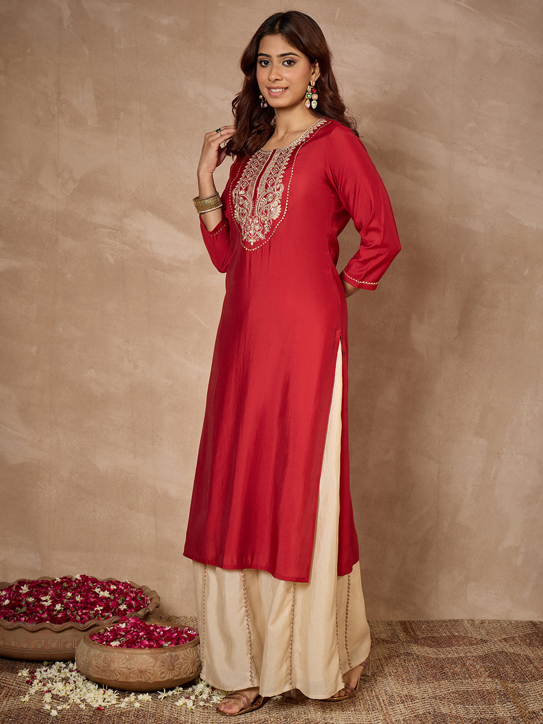 Janasya Women's Maroon Chanderi Silk Yoke Embroidered Straight Kurta.
