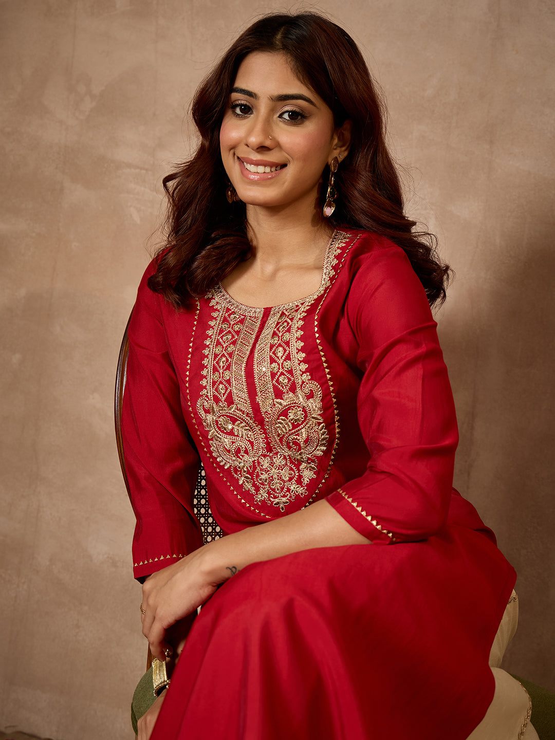 Janasya Women's Maroon Chanderi Silk Yoke Embroidered Straight Kurta.