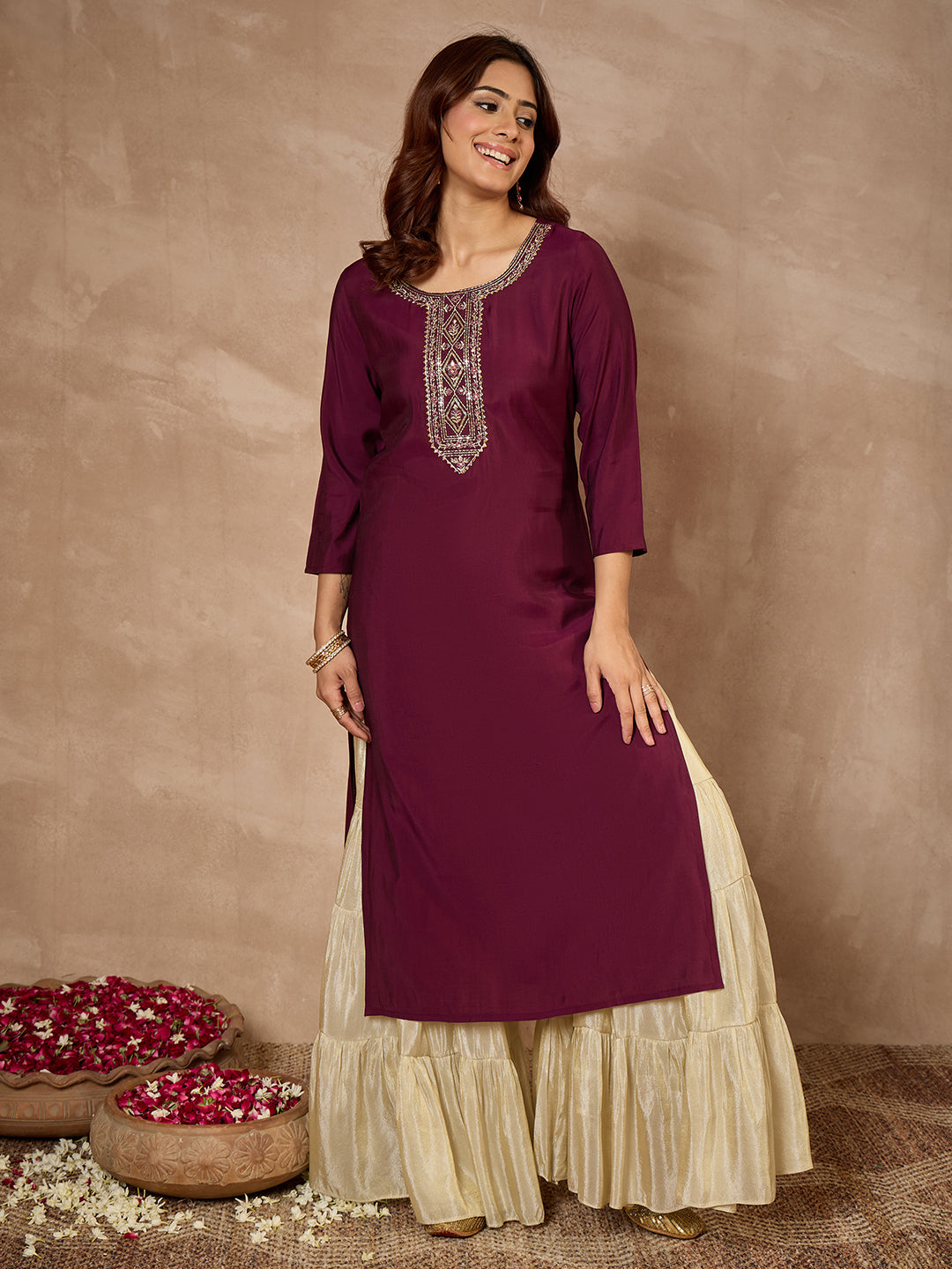 Janasya Women's Wine Chanderi Silk Zari Yoke Embroidered Straight Kurta