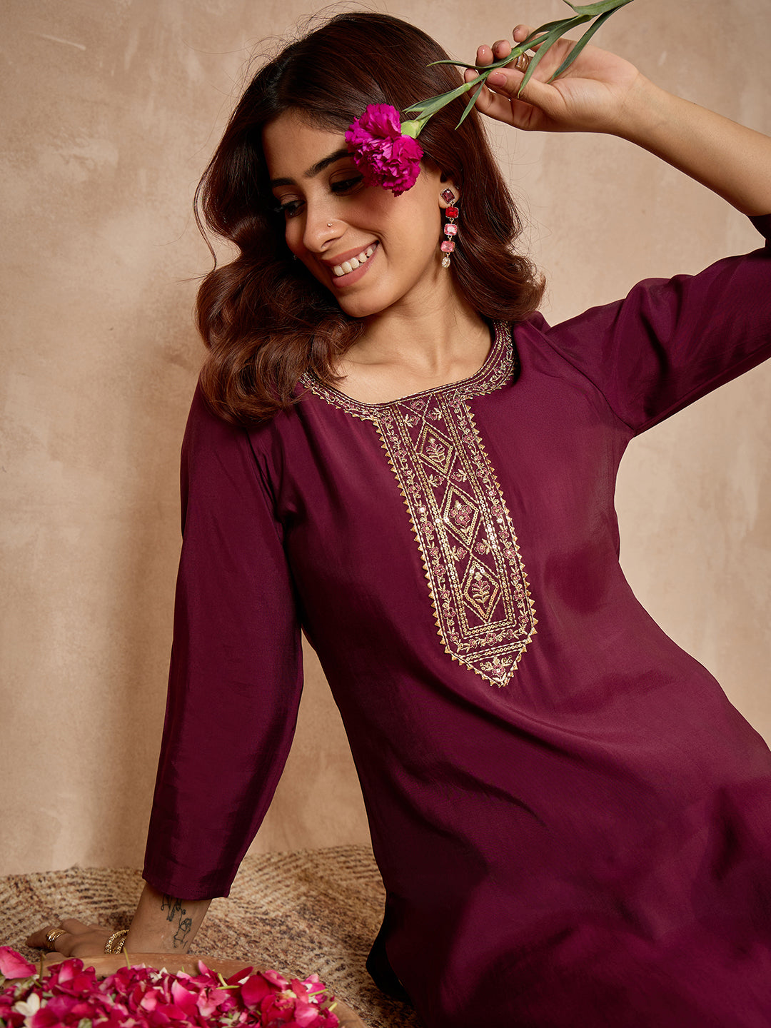 Janasya Women's Wine Chanderi Silk Zari Yoke Embroidered Straight Kurta
