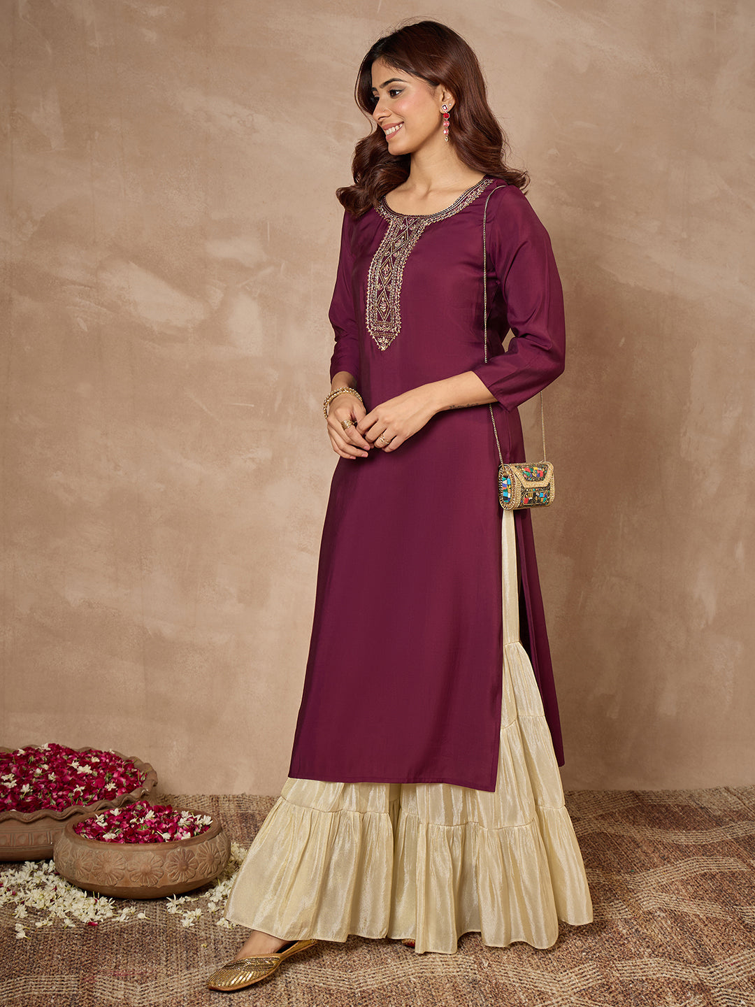 Janasya Women's Wine Chanderi Silk Zari Yoke Embroidered Straight Kurta