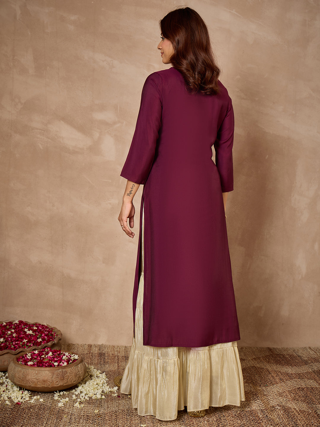 Janasya Women's Wine Chanderi Silk Zari Yoke Embroidered Straight Kurta
