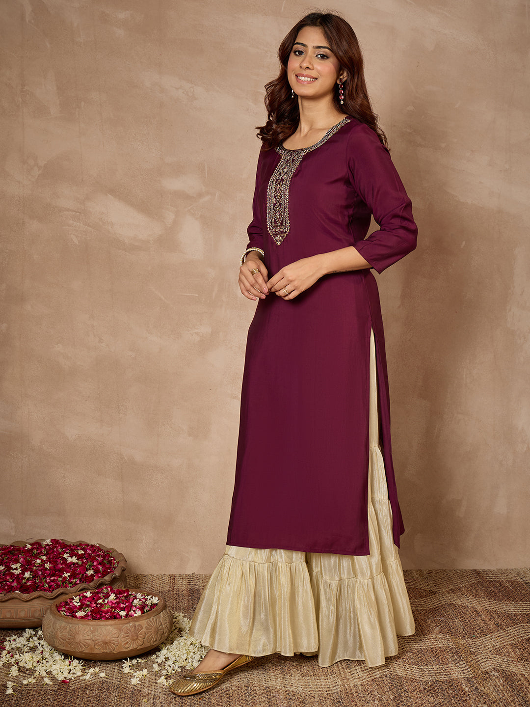 Janasya Women's Wine Chanderi Silk Zari Yoke Embroidered Straight Kurta