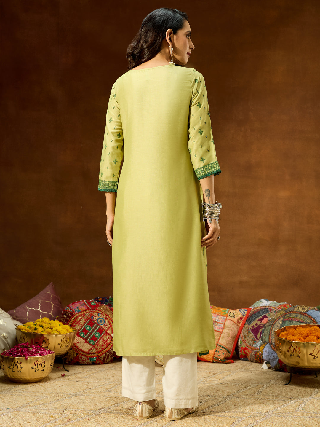 Janasya Women's Lime Green Silk Blend Ethnic Printed Straight Kurta