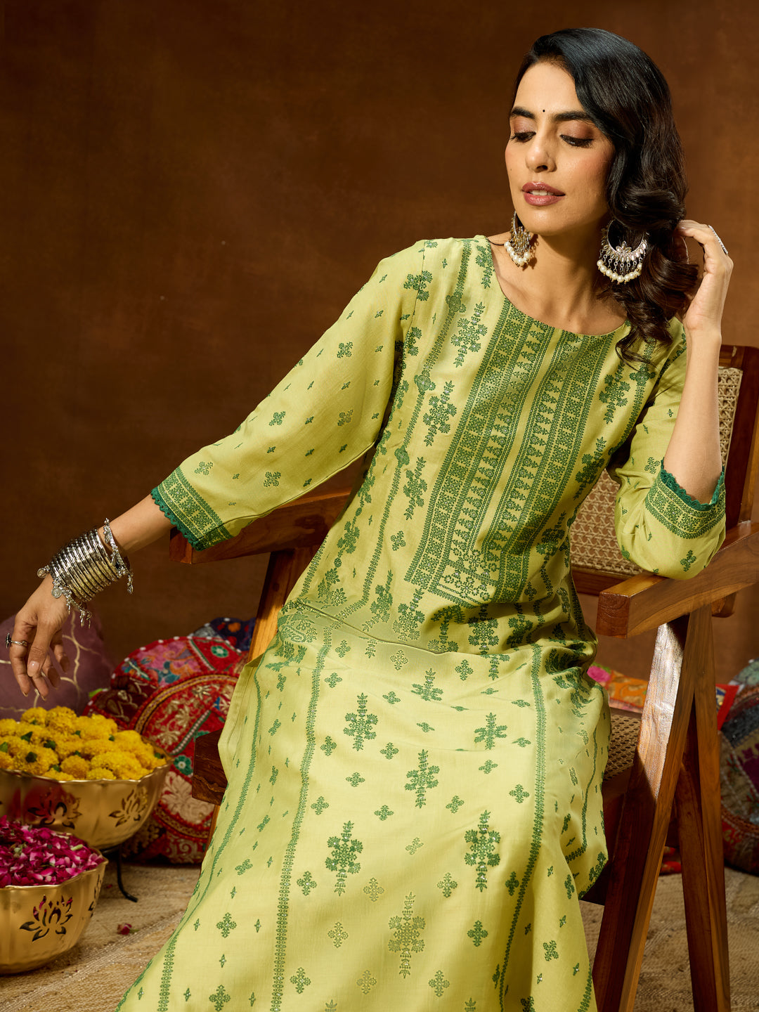 Janasya Women's Lime Green Silk Blend Ethnic Printed Straight Kurta