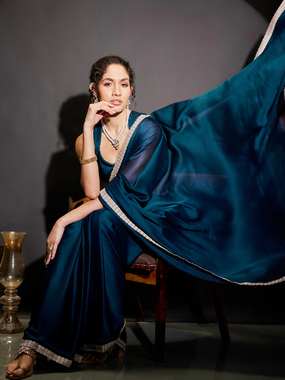 Janasya Women's Teal Blue Silk Blend Ready To Wear Embellished Saree with Unstitched Blouse