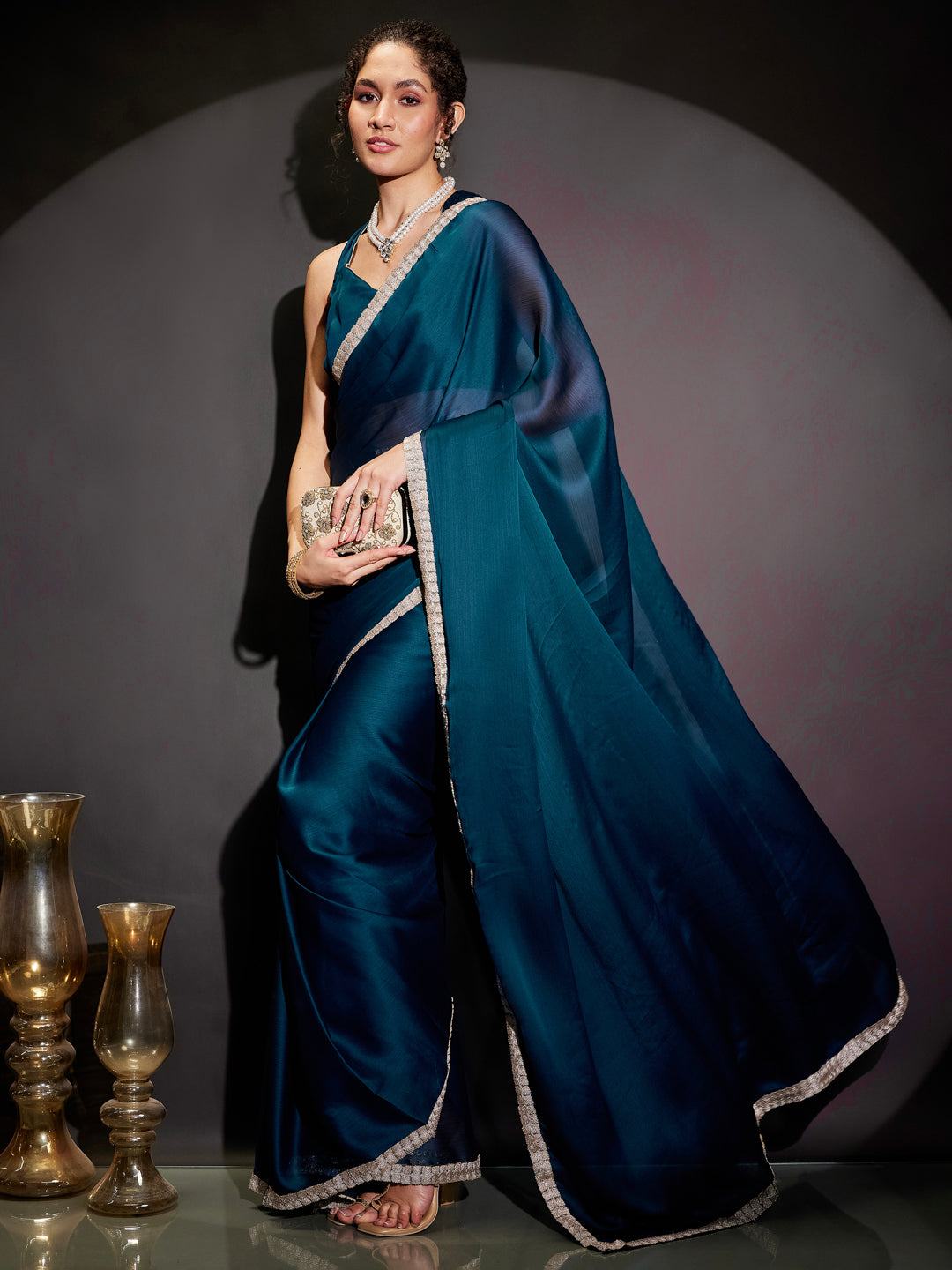 Janasya Women's Teal Blue Silk Blend Ready To Wear Embellished Saree with Unstitched Blouse