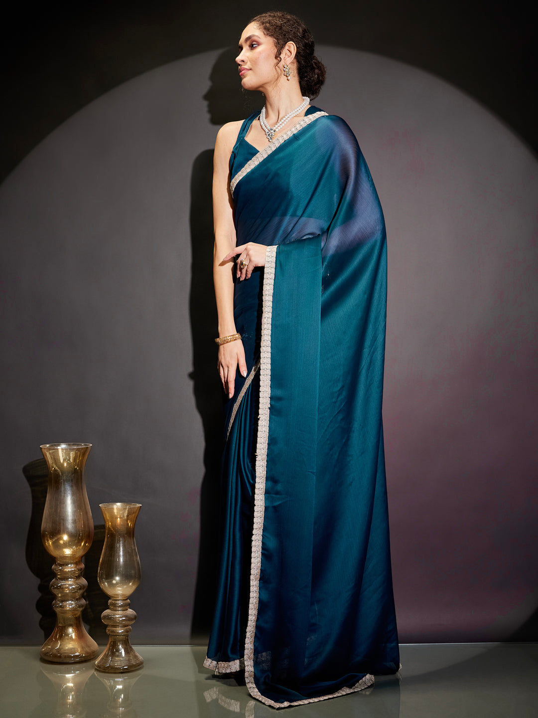 Janasya Women's Teal Blue Silk Blend Ready To Wear Embellished Saree with Unstitched Blouse