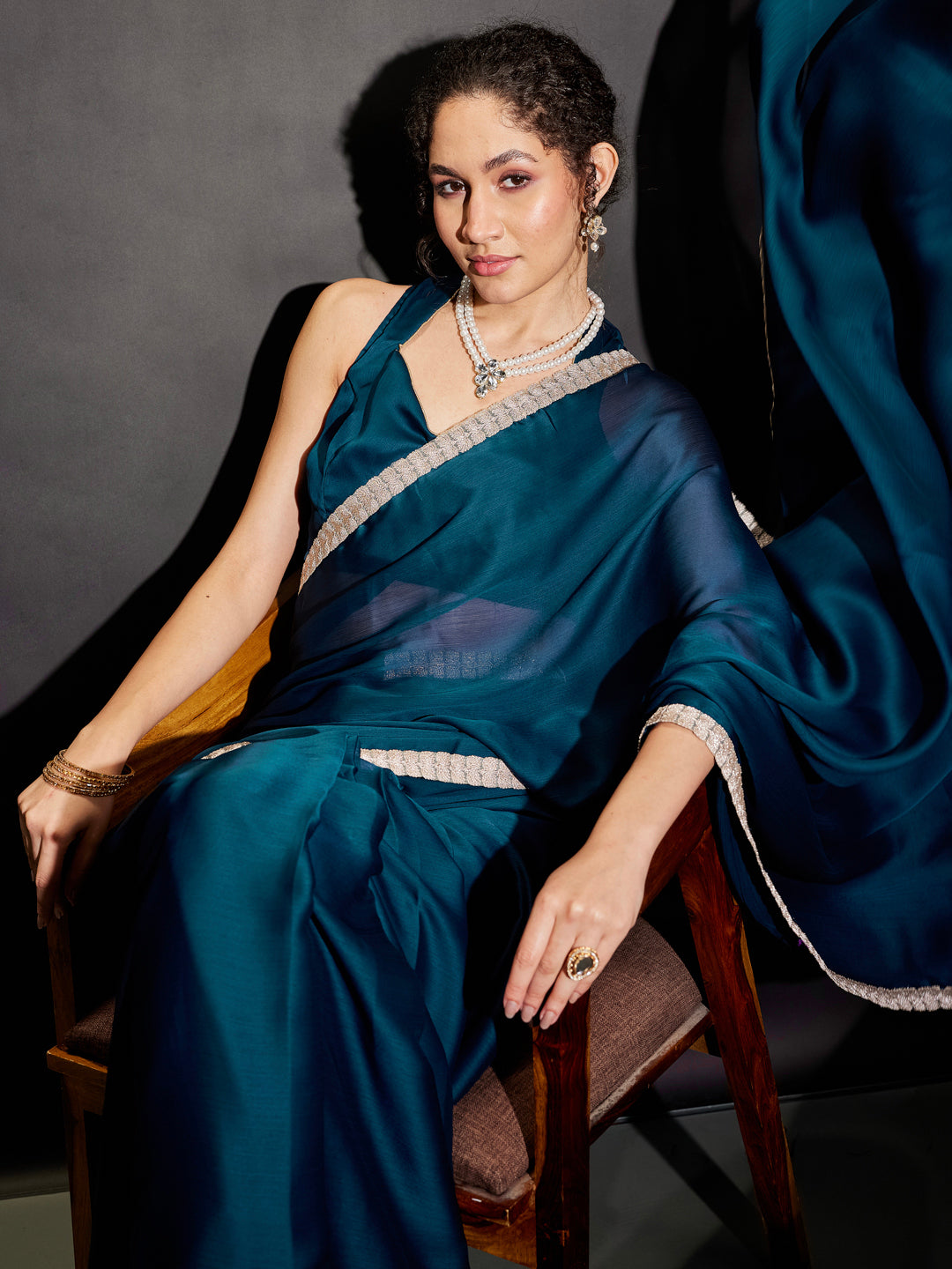 Janasya Women's Teal Blue Silk Blend Ready To Wear Embellished Saree with Unstitched Blouse
