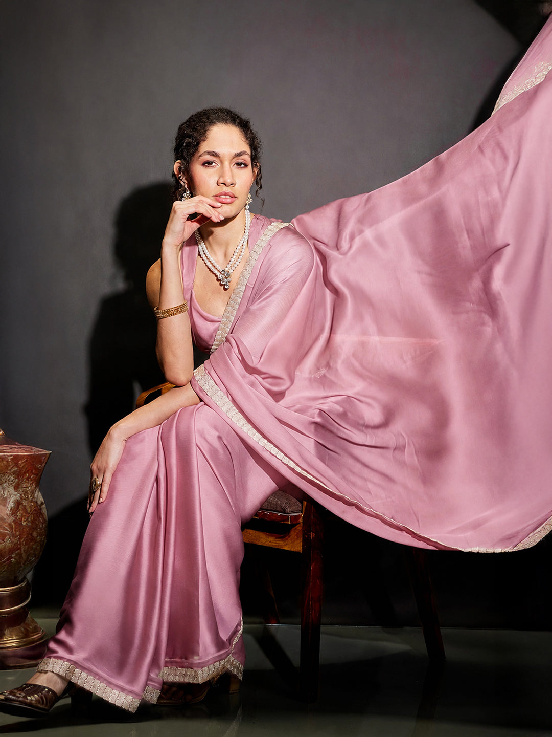 Janasya Women's Powder Pink Silk Blend One-Minute Ready-to-Wear Embellished Saree with Unstitched Blouse