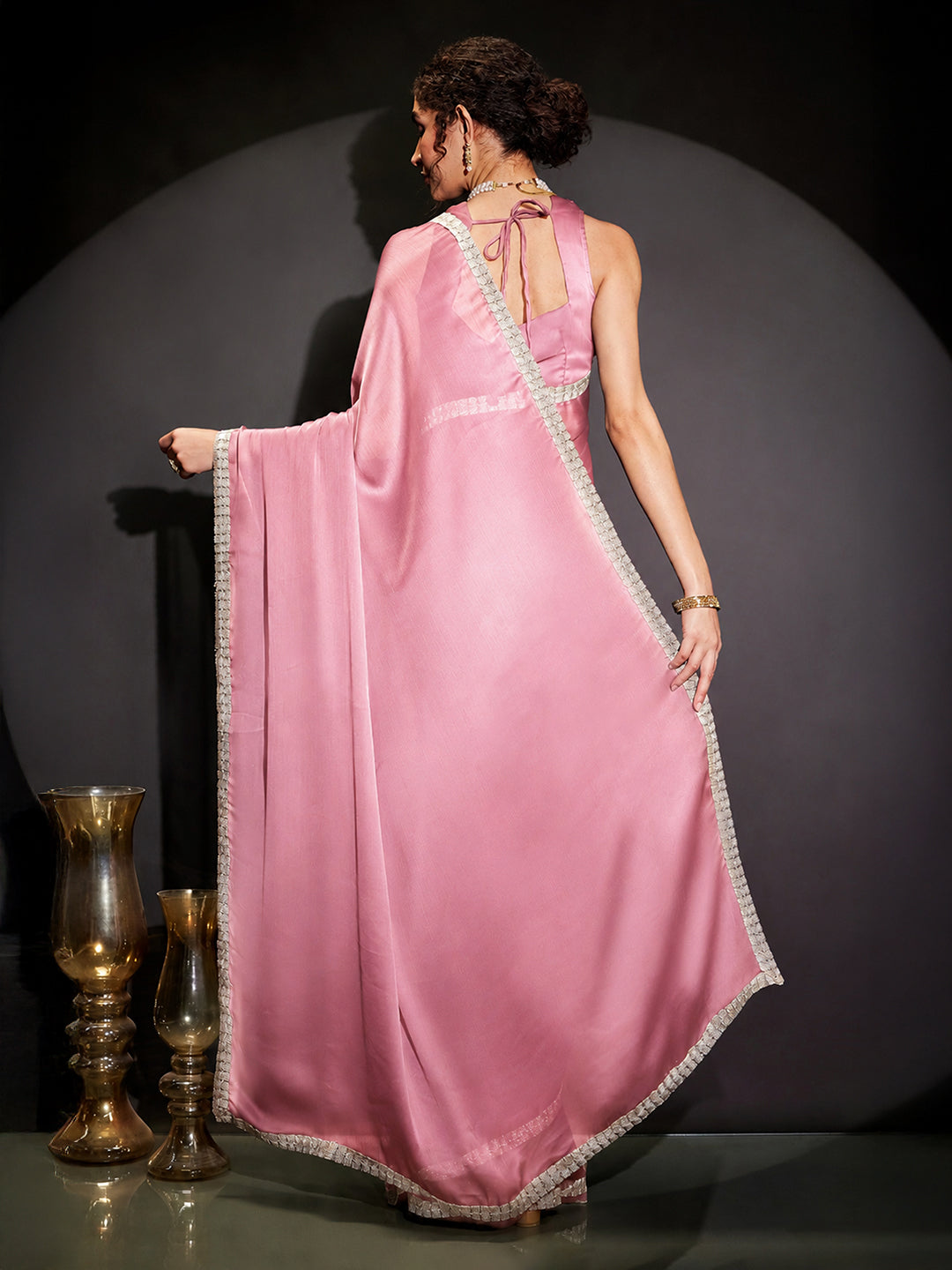 Janasya Women's Powder Pink Silk Blend One-Minute Ready-to-Wear Embellished Saree with Unstitched Blouse