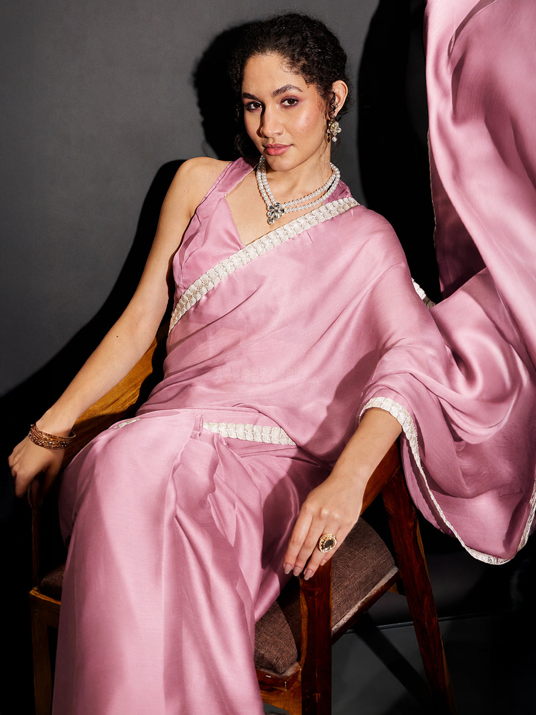 Janasya Women's Powder Pink Silk Blend One-Minute Ready-to-Wear Embellished Saree with Unstitched Blouse