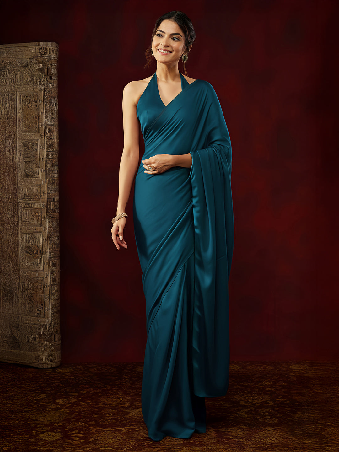Janasya Women's Turquoise Satin Ready To Wear Soild Saree with Unstitched Blouse