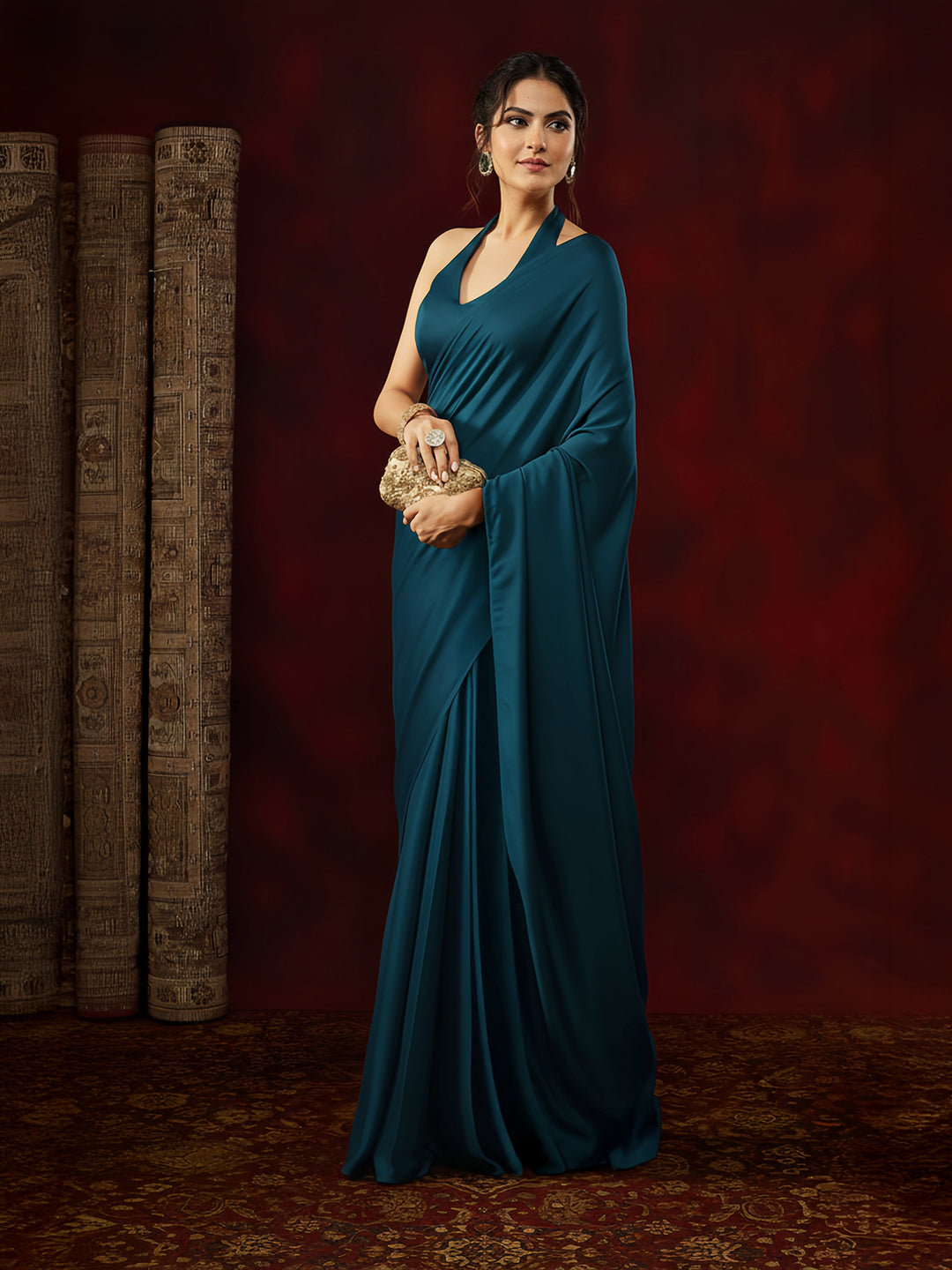 Janasya Women's Turquoise Satin Ready To Wear Soild Saree with Unstitched Blouse