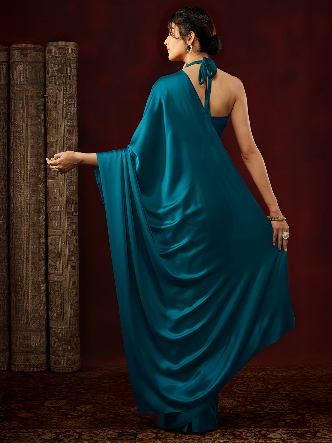 Janasya Women's Turquoise Satin Ready To Wear Soild Saree with Unstitched Blouse