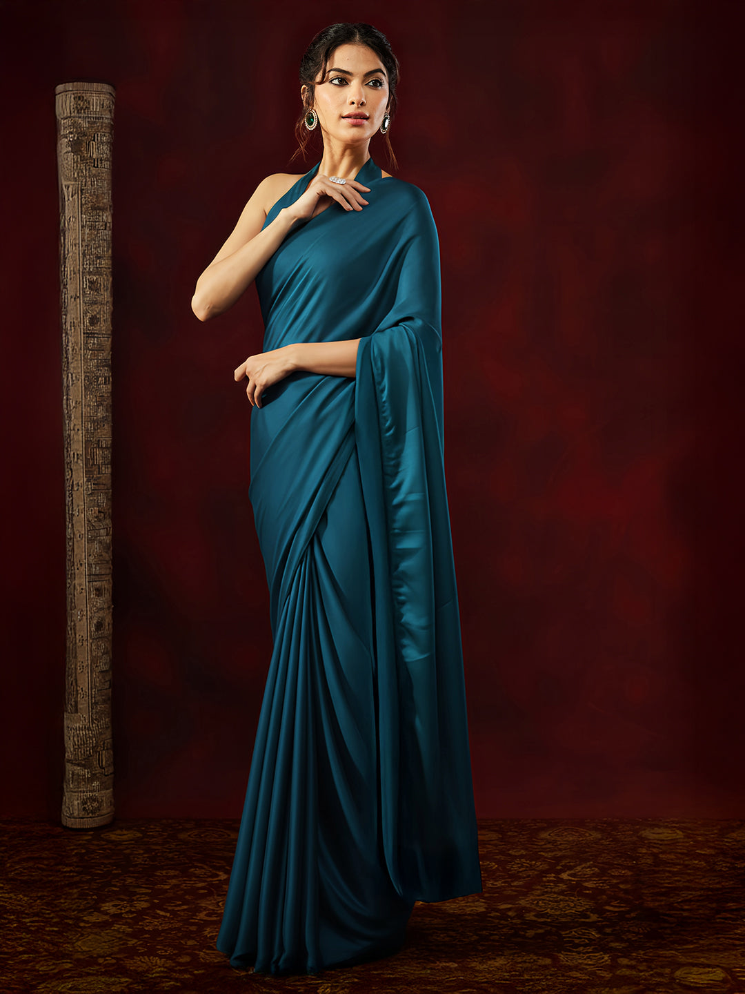 Janasya Women's Turquoise Satin Ready To Wear Soild Saree with Unstitched Blouse