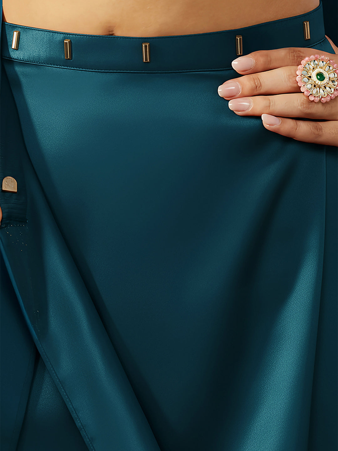 Janasya Women's Turquoise Satin Ready To Wear Soild Saree with Unstitched Blouse