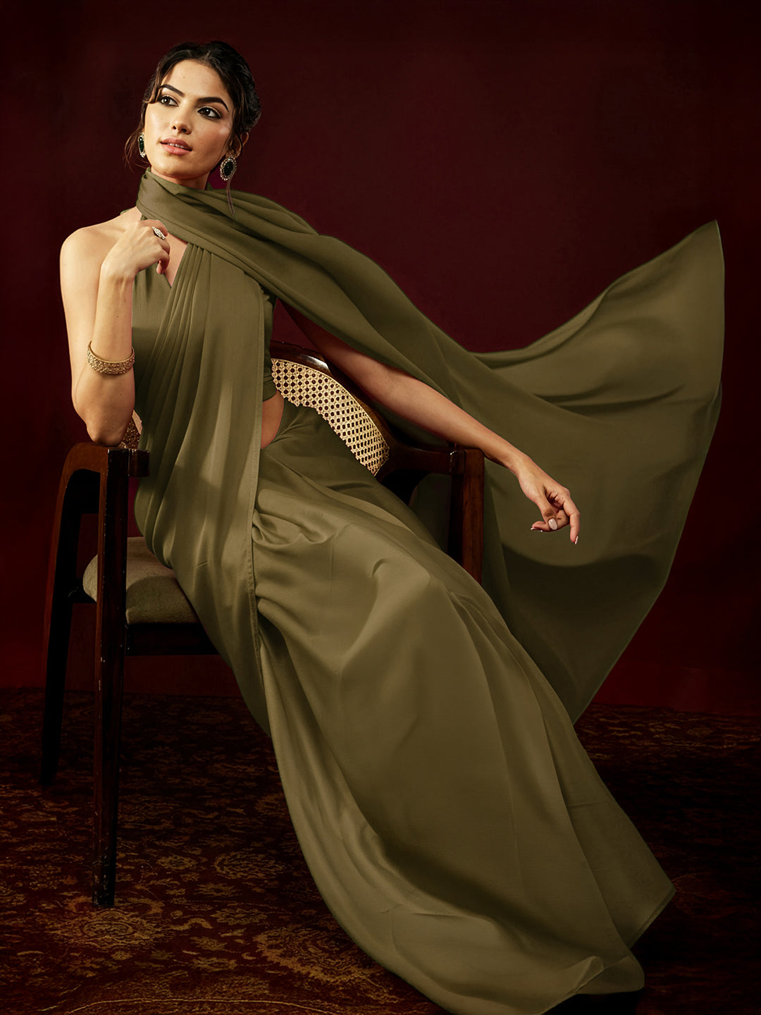 Janasya Women's Olive Satin One-Minute Ready-to-Wear Saree with Unstitched Blouse