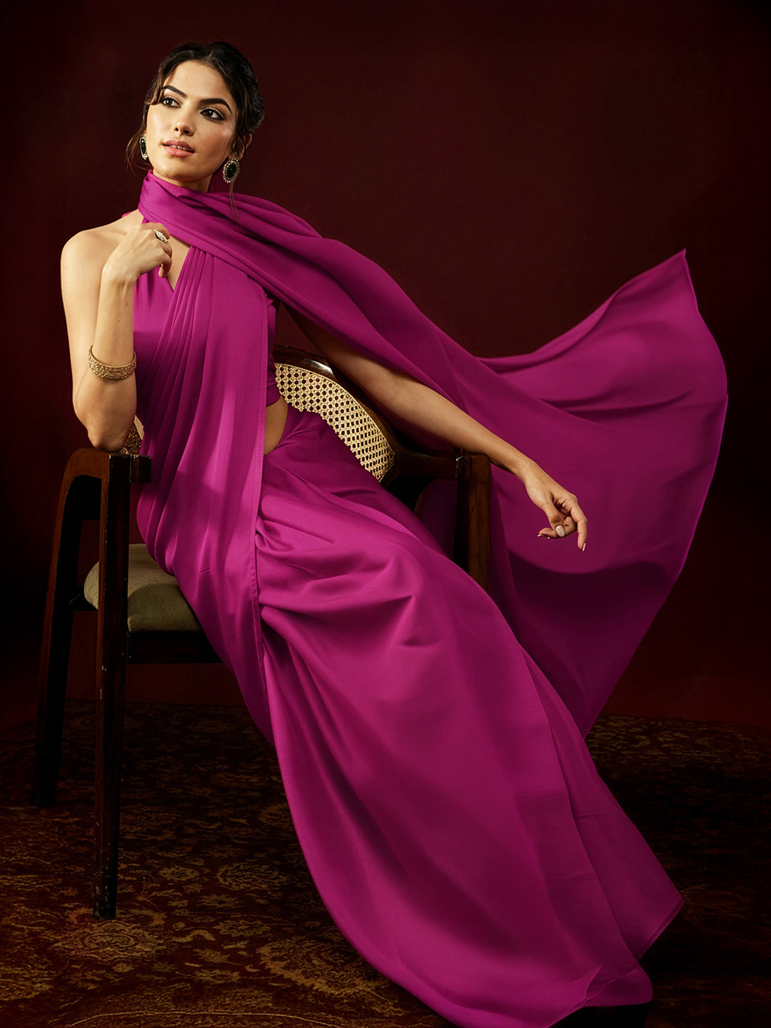 Janasya Women's Turquoise Satin Ready To Wear Solid Saree with Unstitched Blouse