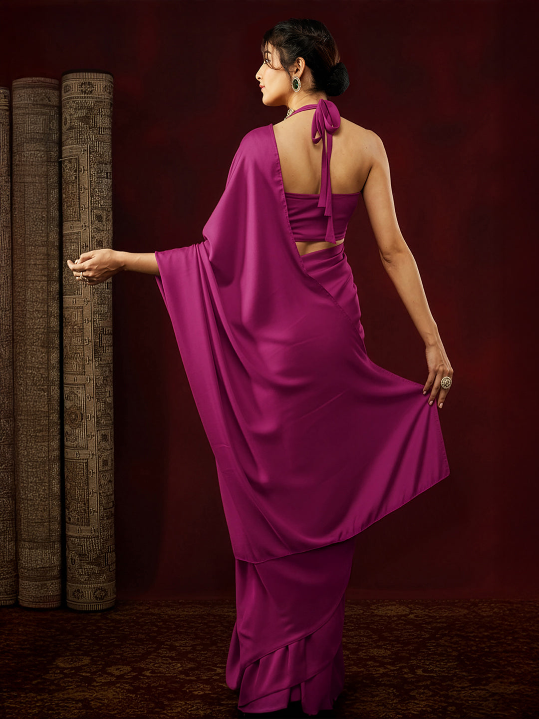 Janasya Women's Turquoise Satin Ready To Wear Solid Saree with Unstitched Blouse