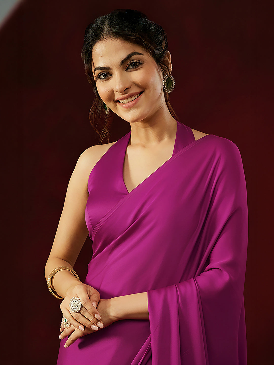 Janasya Women's Turquoise Satin Ready To Wear Solid Saree with Unstitched Blouse