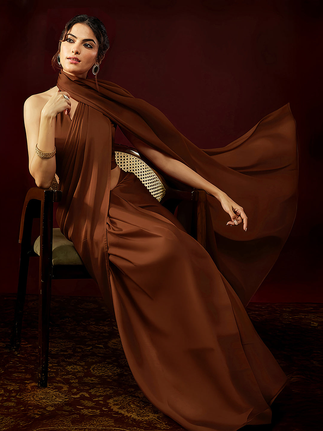 Janasya Women's Rust Satin Ready To Wear Saree with Unstitched Blouse